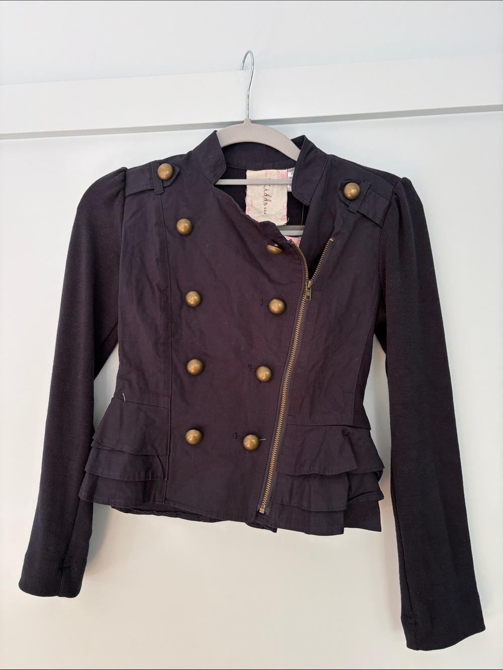 Girls' Black Double-Breasted Military-Style Blazer Jacket